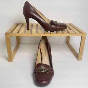 ANTONIO MELANI Dayna Brandy Brown Leather Slip-on loafer pump Block Heel 3" Sz 8